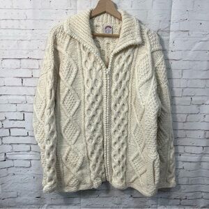 Over The Rainbow 100% Wool Women Medium Zip Cardigan Sweater Cable Cream